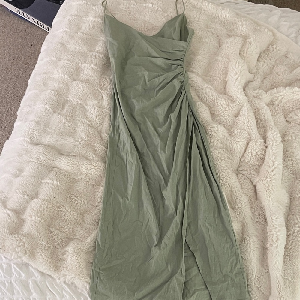 Zara Olive Green Maxi Slip Dress with Spaghetti Straps